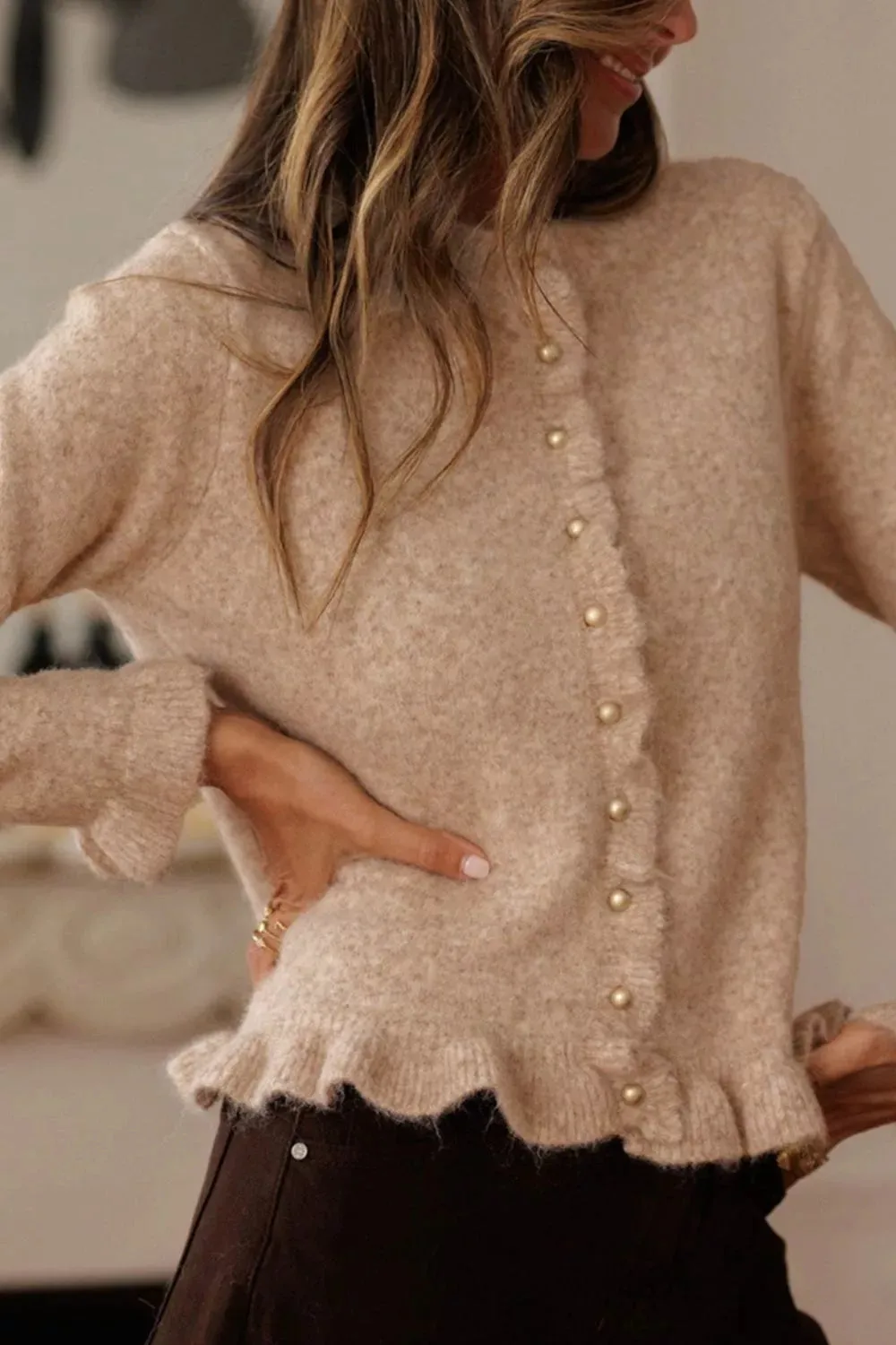 Ruffled Trim Button-Down Cardigan sold by Charming Charlie product image thumbnail 3