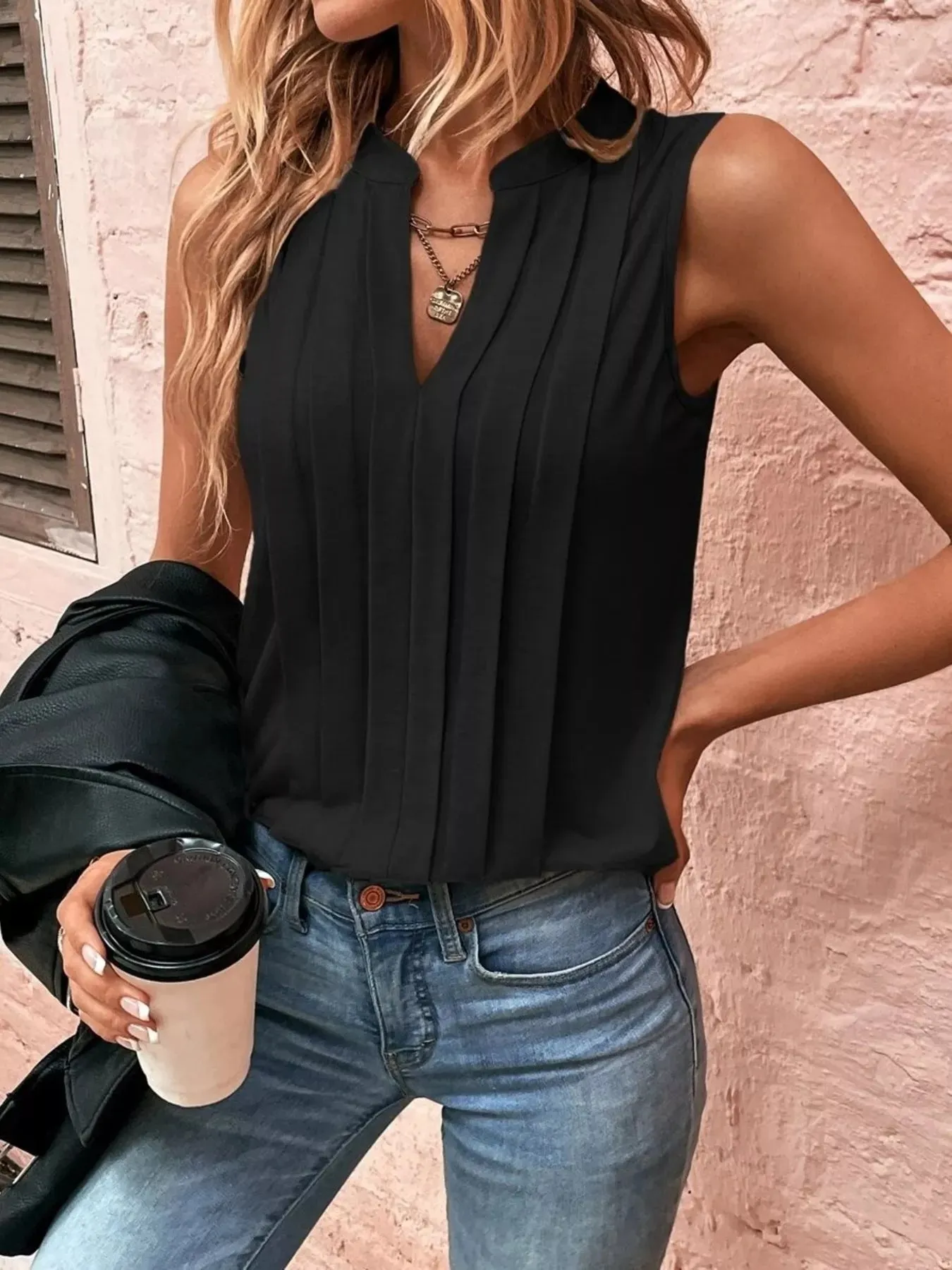 Sleeveless Pleated Notched Tank sold by Charming Charlie product image thumbnail 3