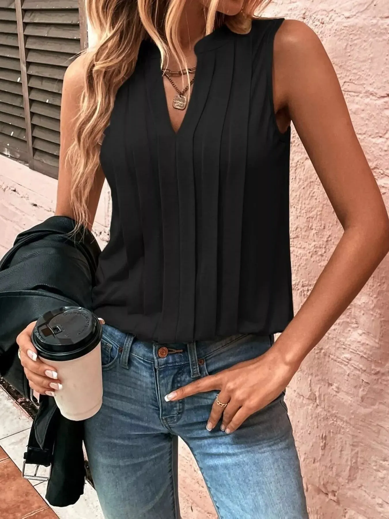 Sleeveless Pleated Notched Tank sold by Charming Charlie product image thumbnail 4
