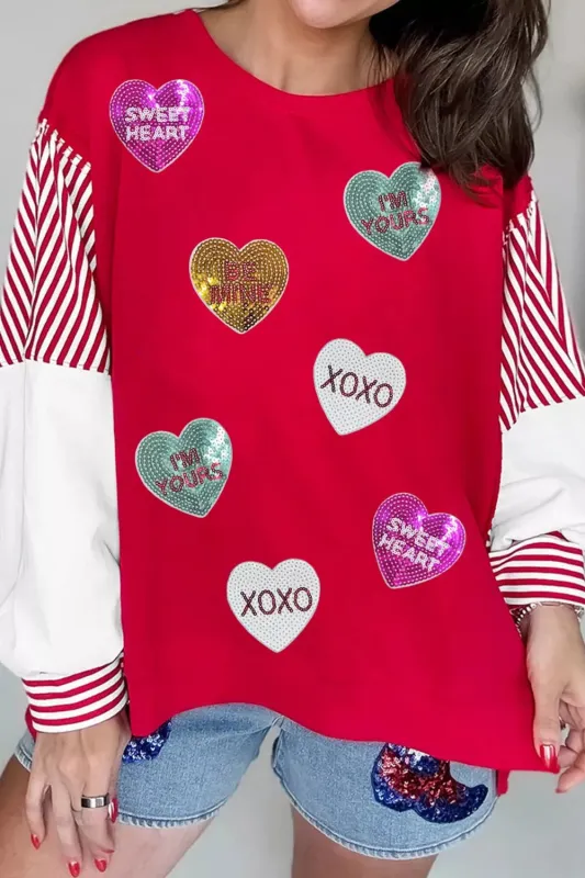 Valentines Day Sequin Heart Striped Color Block Patchwork Sweatshirt sold by Charming Charlie