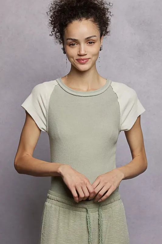 POL Round Neck Outseam Detail T-Shirt with Contrast Color Sleeves sold by Charming Charlie