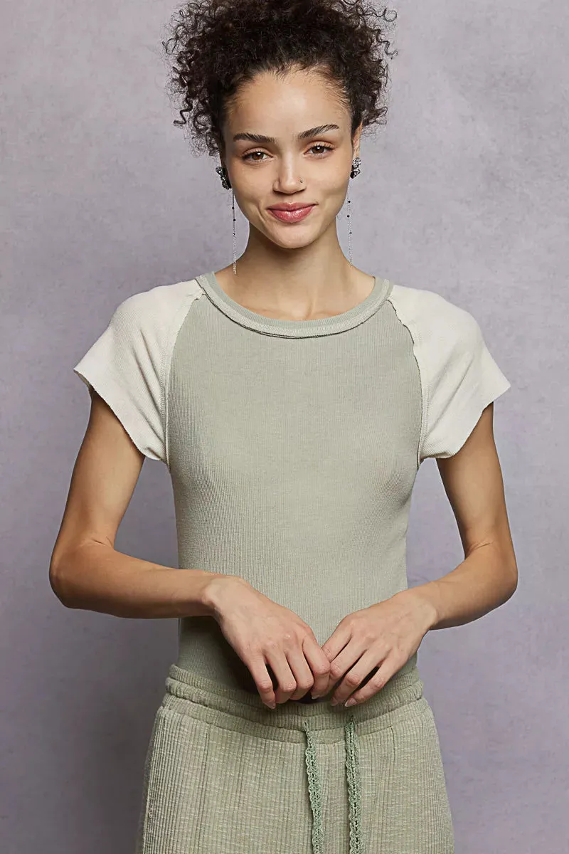 POL Round Neck Outseam Detail T-Shirt with Contrast Color Sleeves sold by Charming Charlie