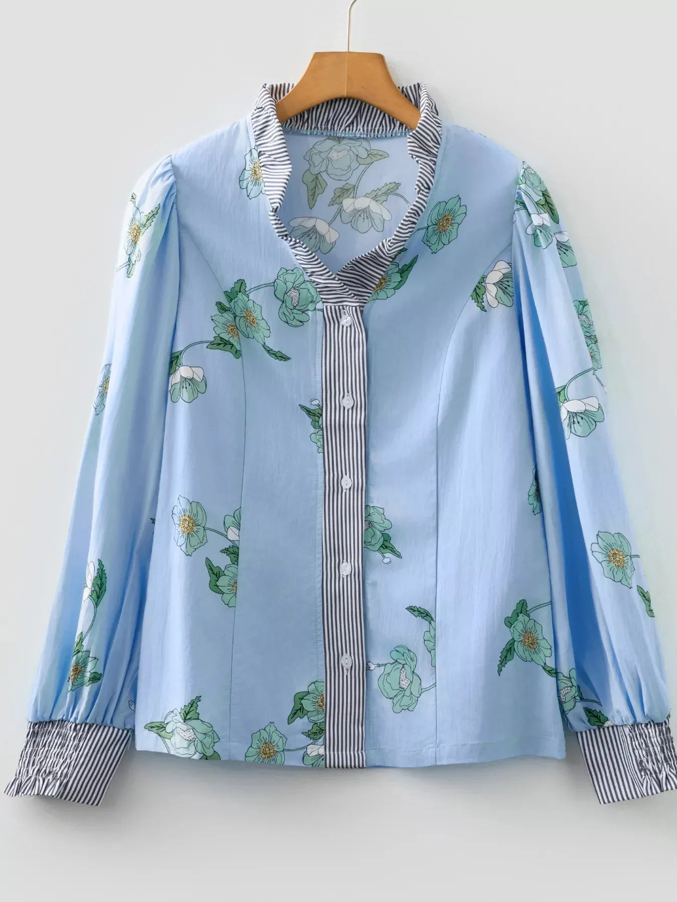 Floral Print Contrast Striped Trim Ruffled V Neck Fall Blouse sold by Charming Charlie product image thumbnail 3