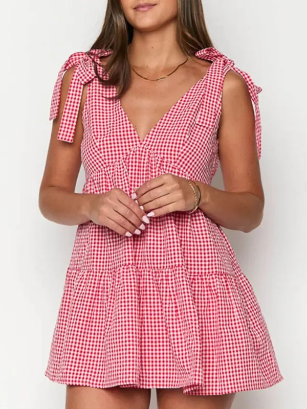 Gingham Tie-Shoulder Mini Dress made by Trendsi