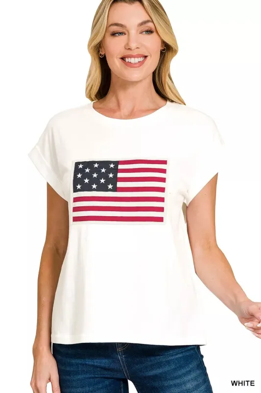 Zenana Full Size US Flag Round Neck Short Sleeve T-Shirt Plus Size sold by Charming Charlie