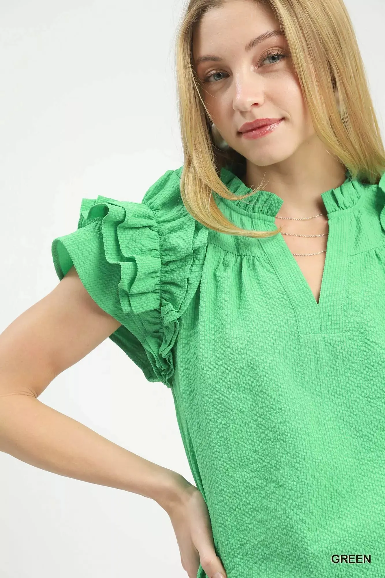 Umgee Textured Ruffle Sleeve Notched Top sold by Charming Charlie product image thumbnail 5
