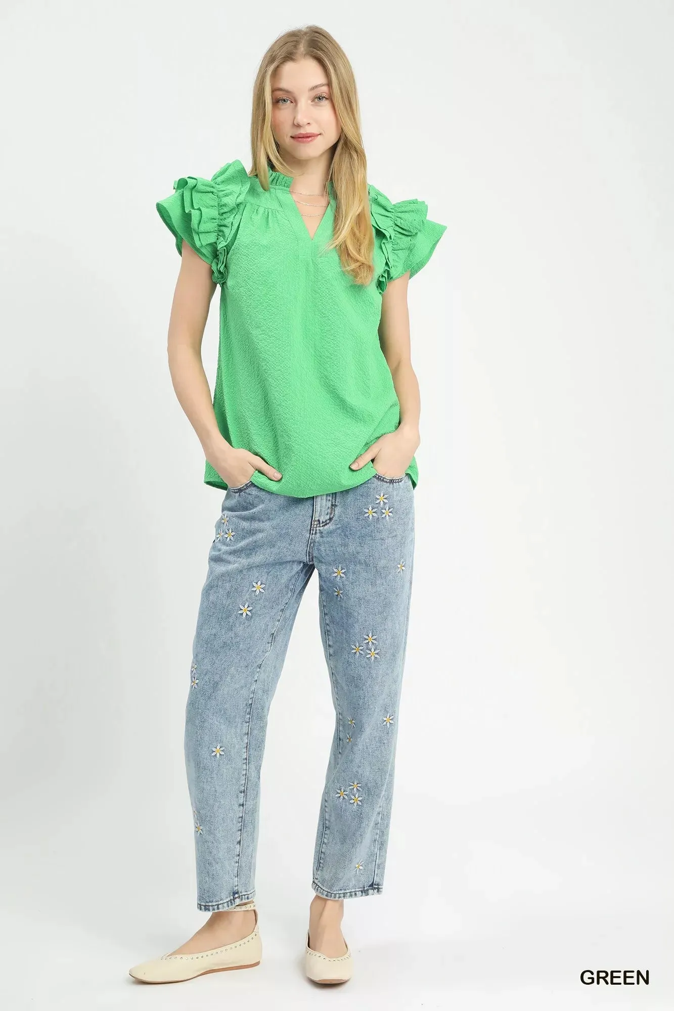 Umgee Textured Ruffle Sleeve Notched Top sold by Charming Charlie product image thumbnail 2