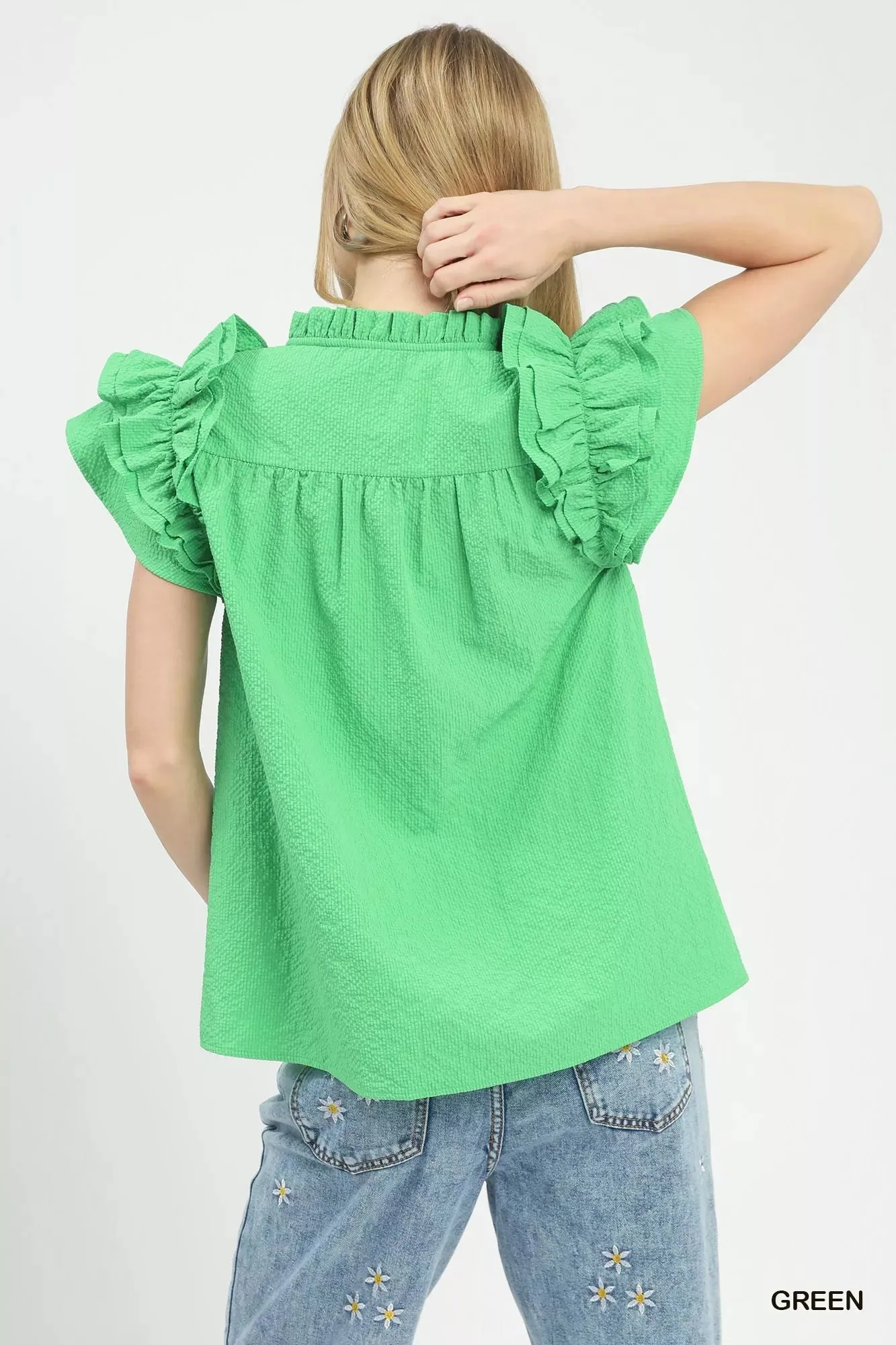 Umgee Textured Ruffle Sleeve Notched Top sold by Charming Charlie product image thumbnail 4