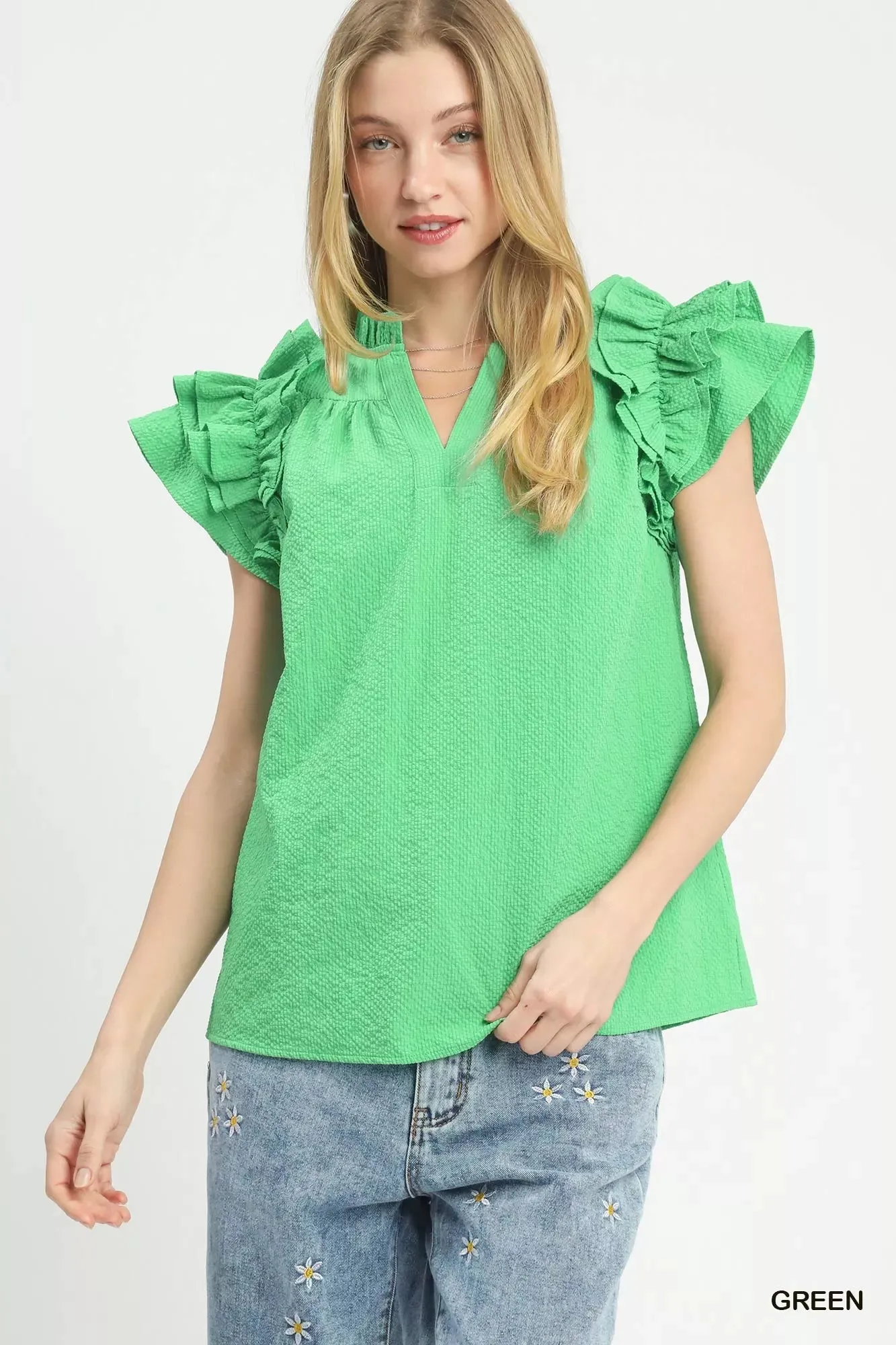Umgee Textured Ruffle Sleeve Notched Top sold by Charming Charlie