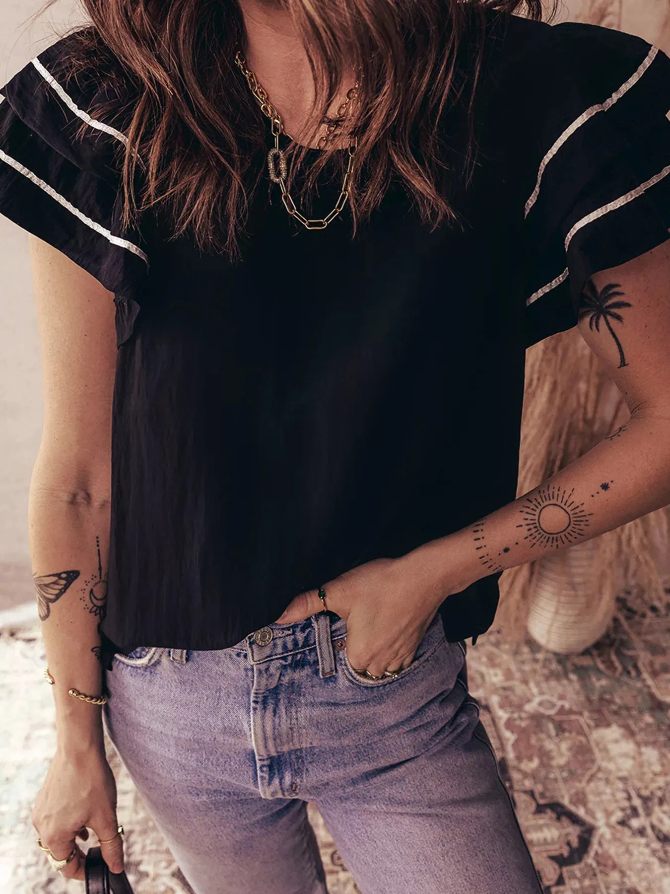 Contrast Trim Dual Ruffle Short Sleeve Textured Blouse sold by Charming Charlie product image thumbnail 3