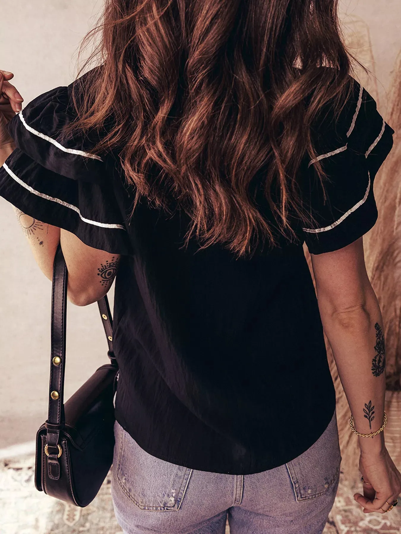 Contrast Trim Dual Ruffle Short Sleeve Textured Blouse sold by Charming Charlie product image thumbnail 4