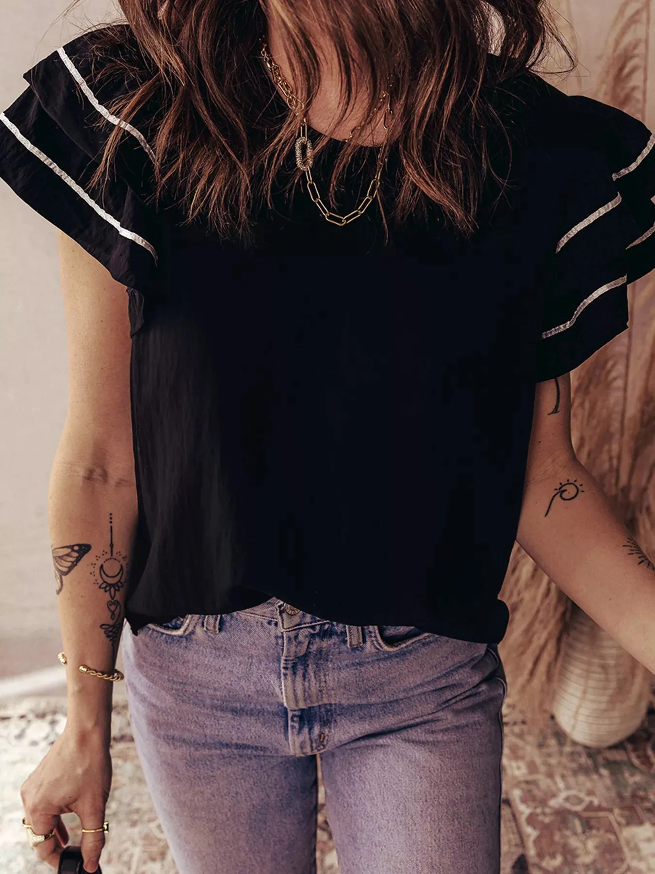 Contrast Trim Dual Ruffle Short Sleeve Textured Blouse sold by Charming Charlie product image thumbnail 5