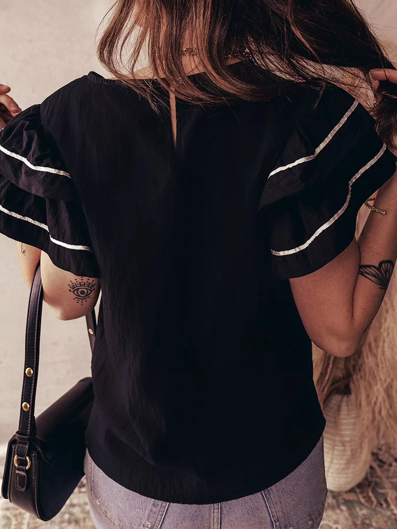 Contrast Trim Dual Ruffle Short Sleeve Textured Blouse sold by Charming Charlie product image thumbnail 2