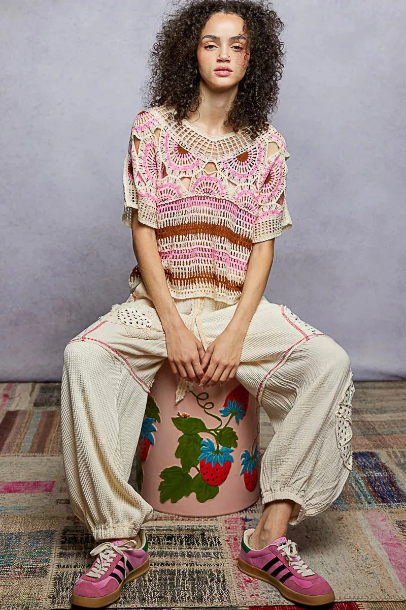 Weave Pattern Short Sleeve Crochet Top with Border Accents sold by Charming Charlie product image thumbnail 2