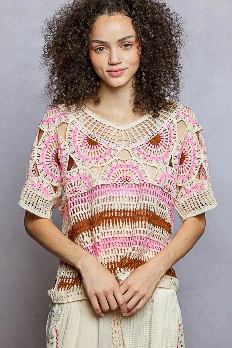 Weave Pattern Short Sleeve Crochet Top with Border Accents sold by Charming Charlie product image thumbnail 3