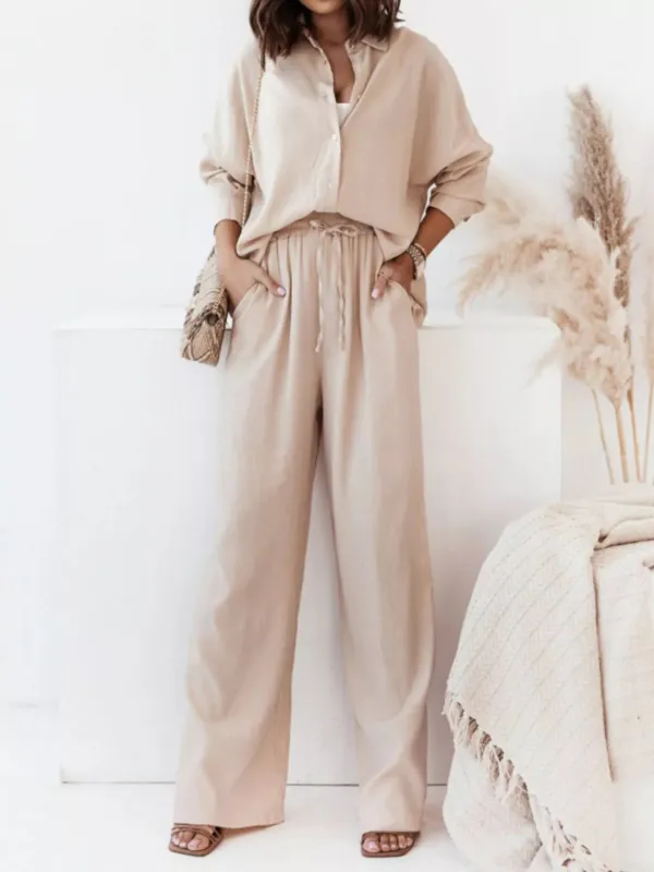 Plus Size Relaxed Fit Button Up Shirt and Pants Two-Piece Set sold by Charming Charlie