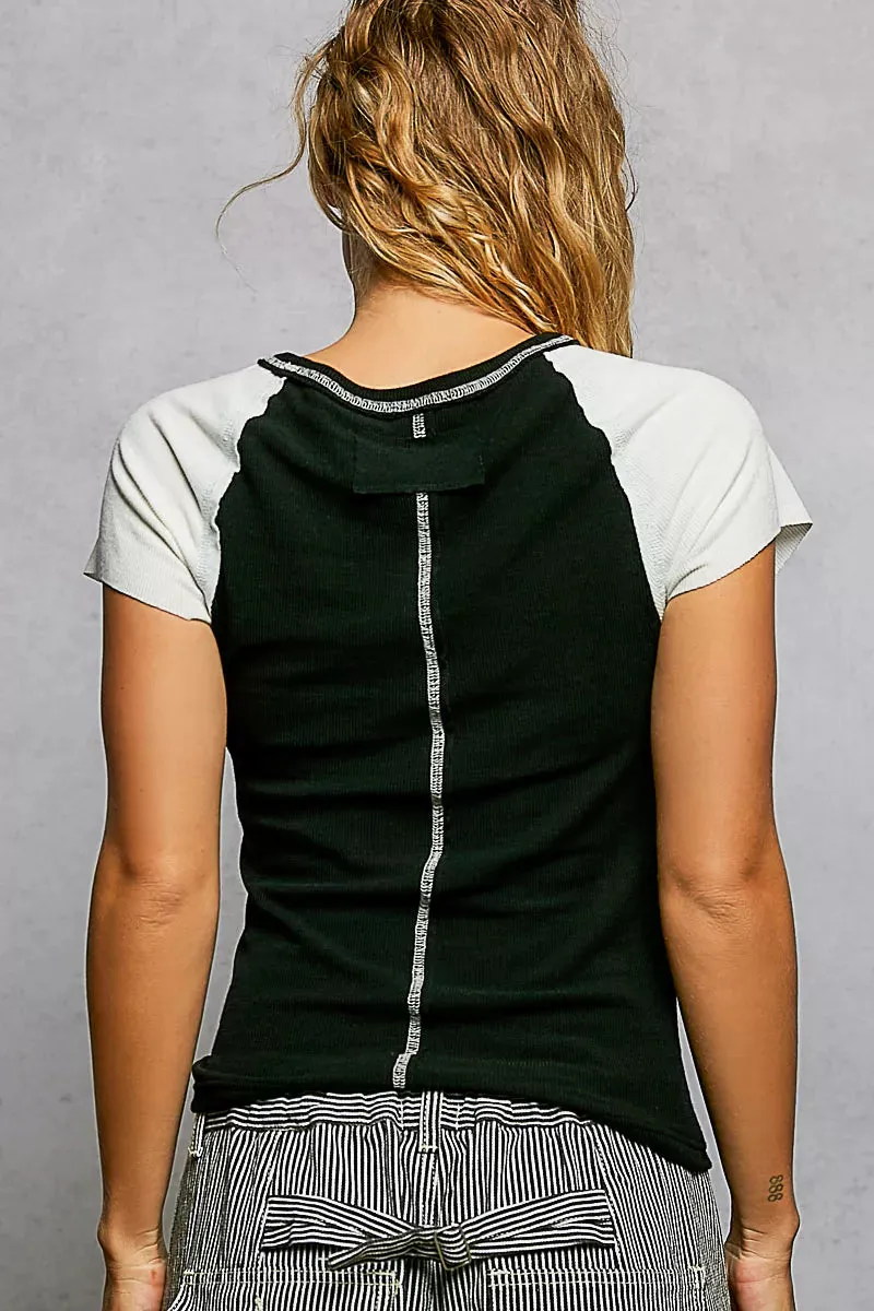 POL Round Neck Outseam Detail T-Shirt with Contrast Color Sleeves sold by Charming Charlie product image thumbnail 4