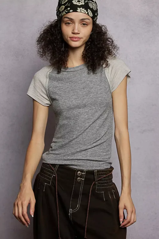 POL Round Neck Outseam Detail T-Shirt with Contrast Color Sleeves sold by Charming Charlie