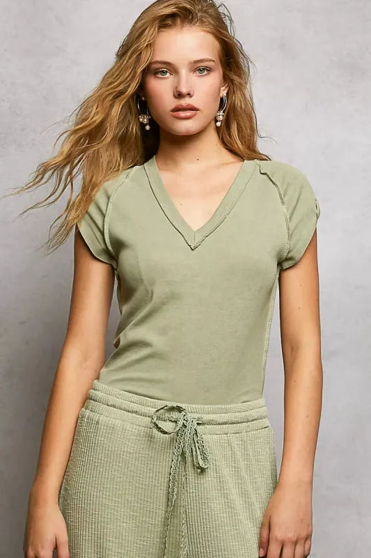 POL V-Neck Short Sleeve Washed T-Shirt with Outseam sold by Charming Charlie