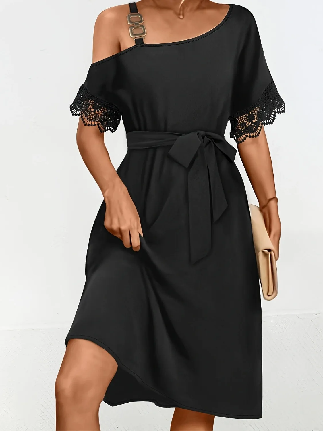 Lace Detail Asymmetrical Neck Short Sleeve Dress sold by Charming Charlie