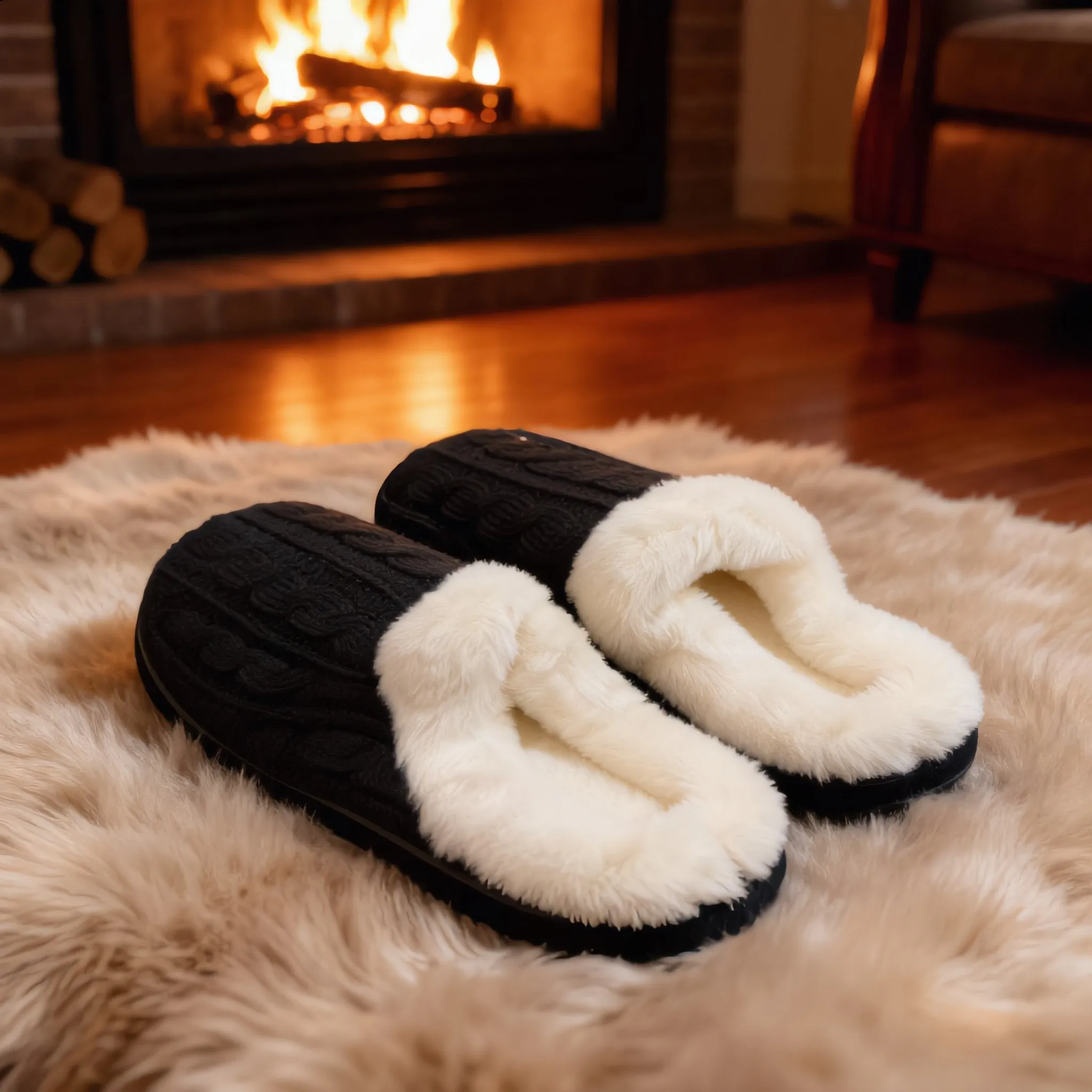 Black Cable Knit Faux Fur Slippers sold by Charming Charlie