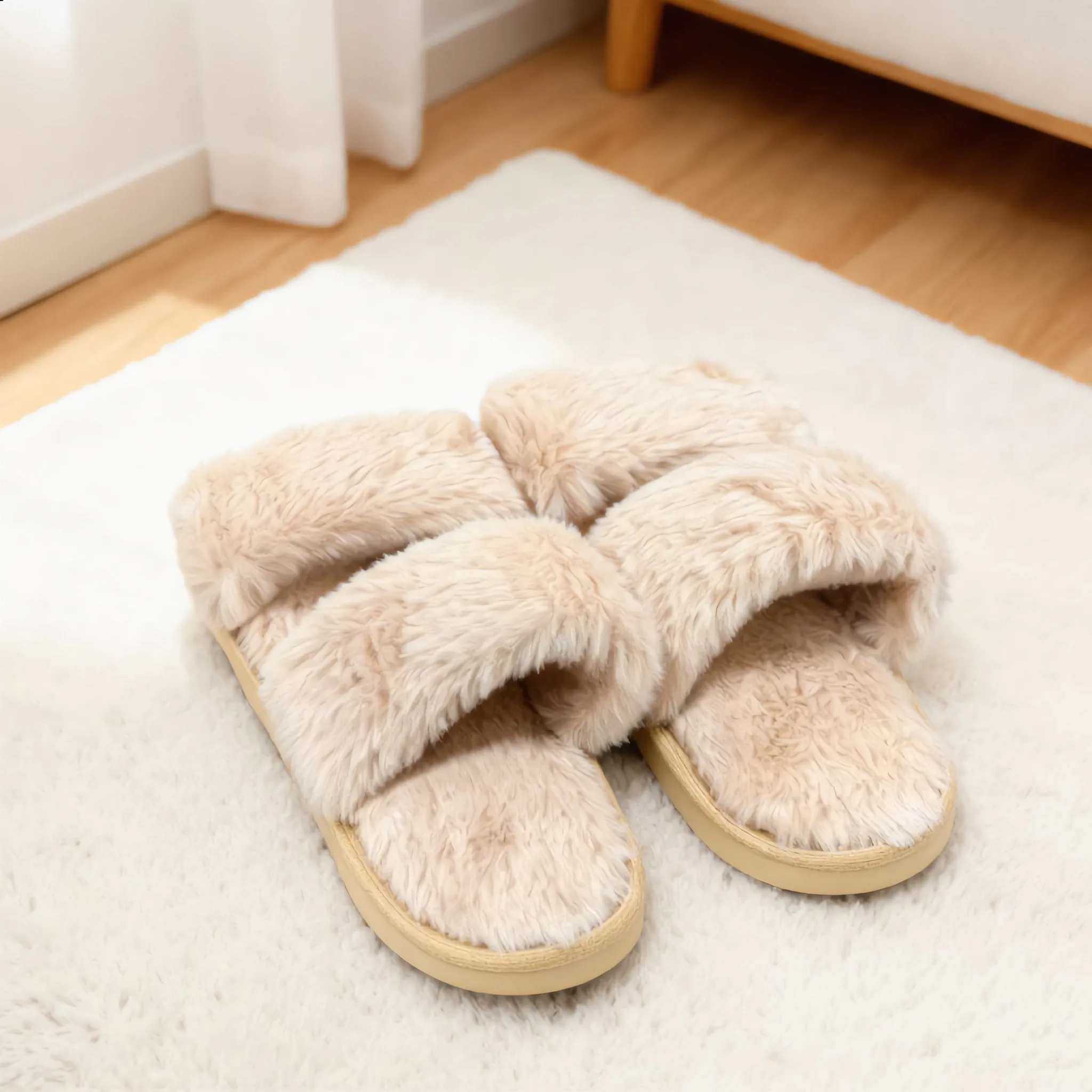 Beige Cross-Over Fluffy Slippers sold by Charming Charlie