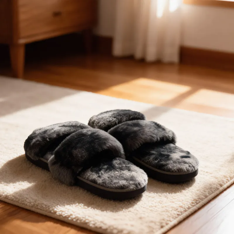 Dark Grey Fuzzy Faux Fur Slippers. sold by Charming Charlie