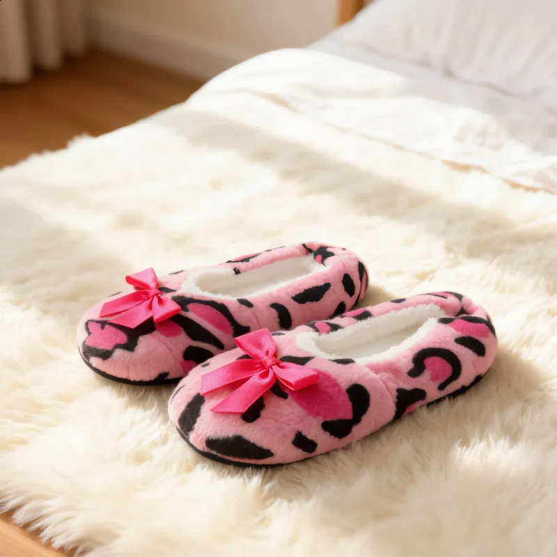 Pink Leopard Print Faux Fur Bow Slippers sold by Charming Charlie