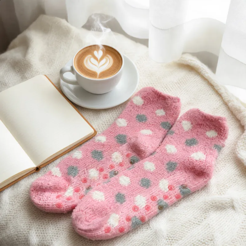 Cozy Pink Polka Dot Fuzzy Slipper Socks sold by Charming Charlie