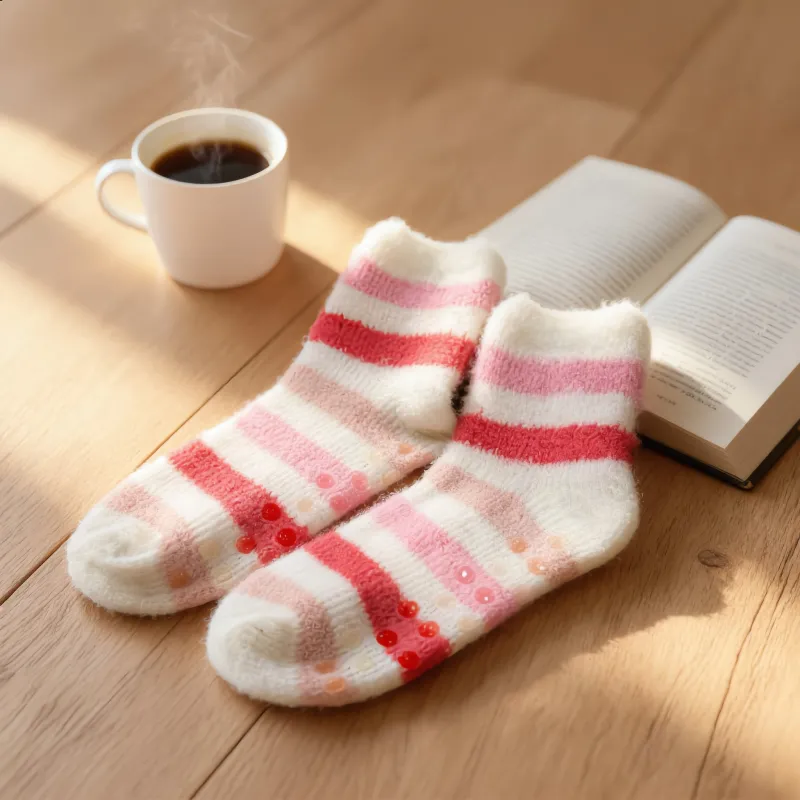 Cozy Pink & White Striped Non-Slip Fuzzy Socks sold by Charming Charlie