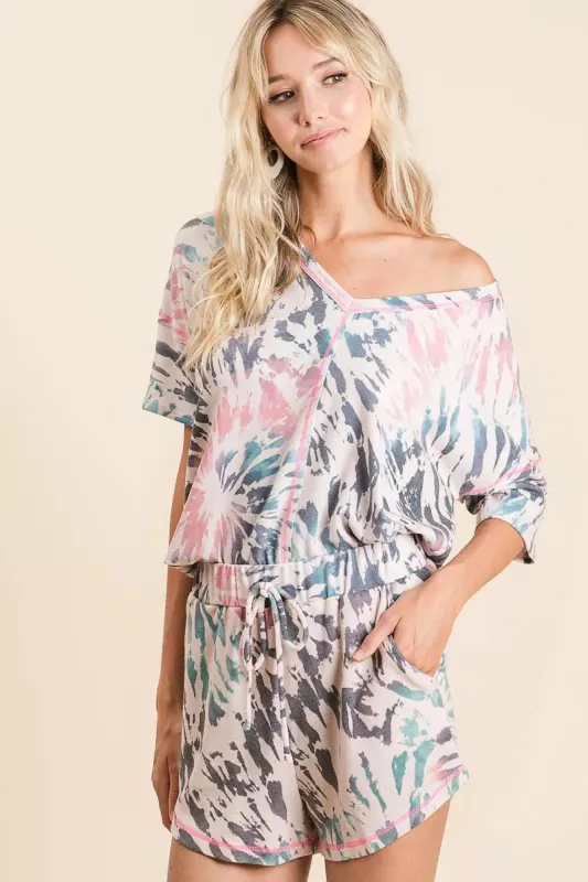 BiBi Tie Dye Print Terry V Neck Top With Contrast sold by Charming Charlie