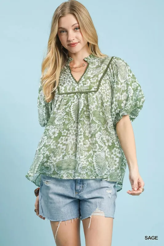 Umgee Abstract Print Ruffled Puff Sleeve Top sold by Charming Charlie