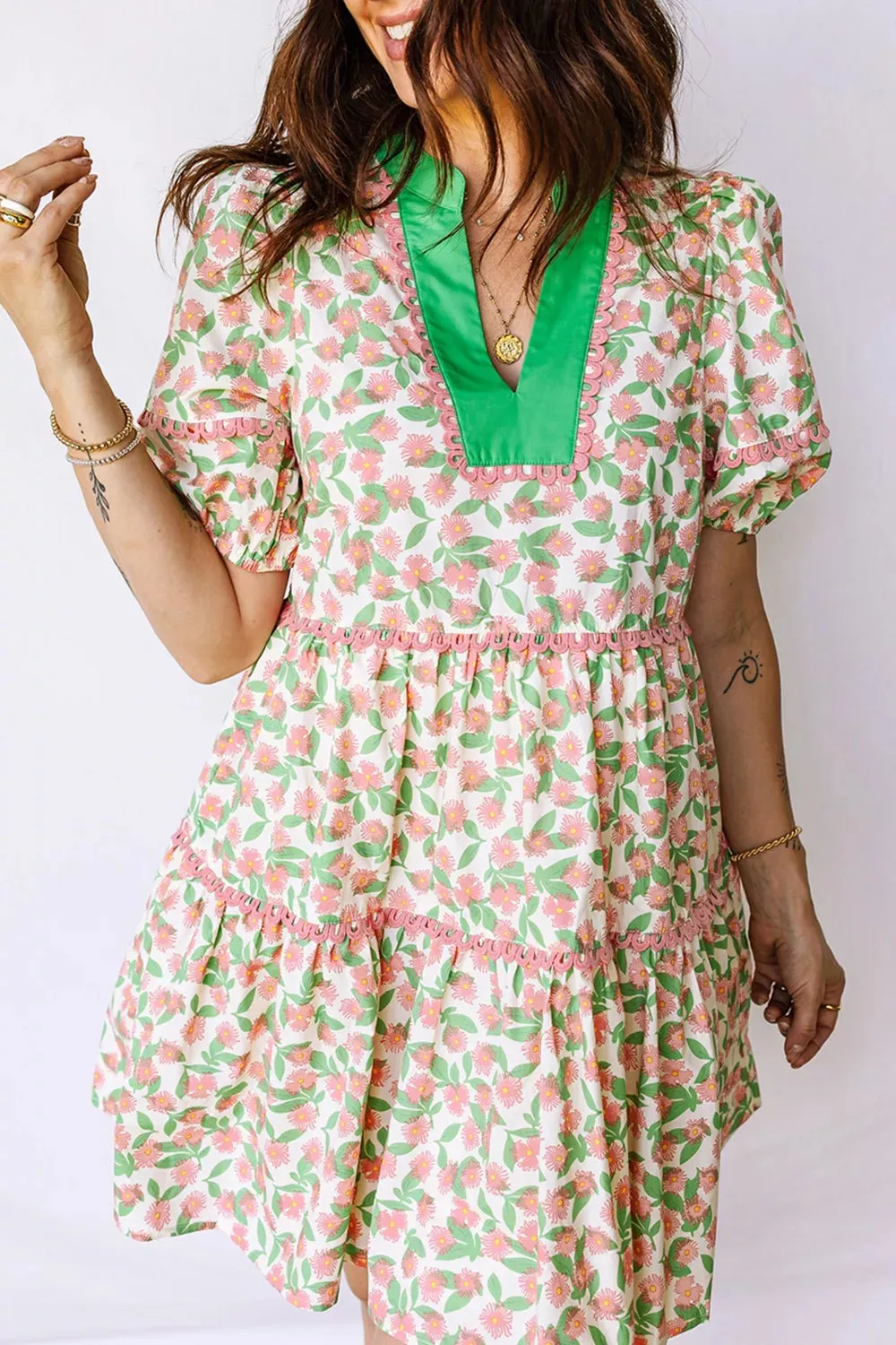 Contrast Neckline Ricrac Trim Floral Short Puff Sleeve Dress sold by Charming Charlie product image thumbnail 3