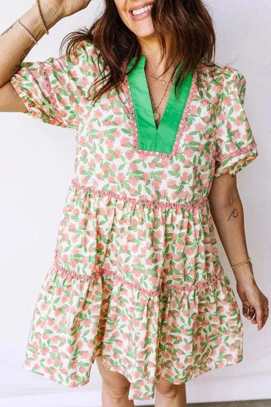 Contrast Neckline Ricrac Trim Floral Short Puff Sleeve Dress sold by Charming Charlie