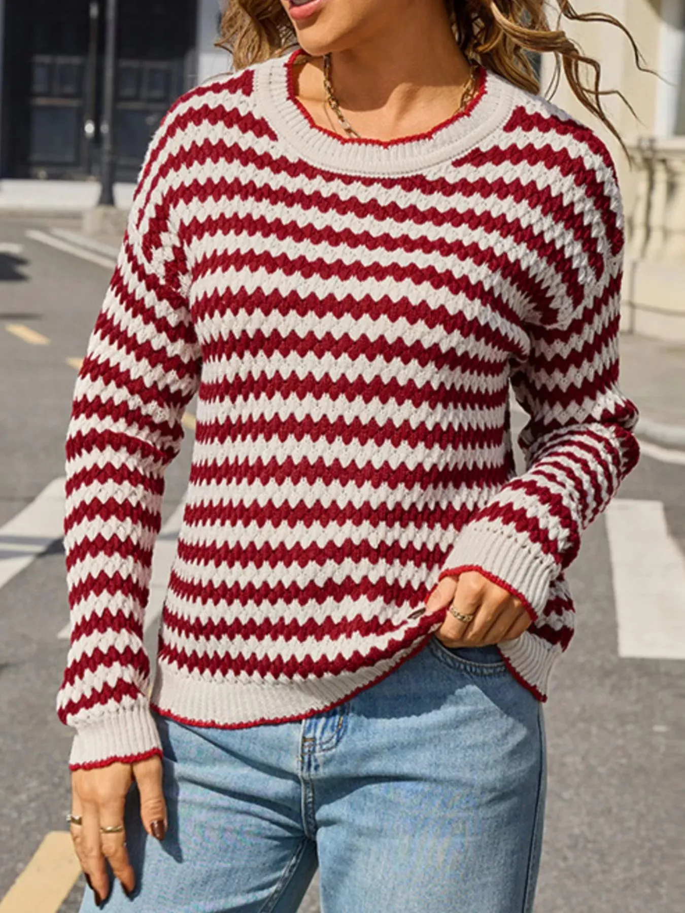 Striped Zigzag Knit Round Neck Sweater sold by Charming Charlie product image thumbnail 5