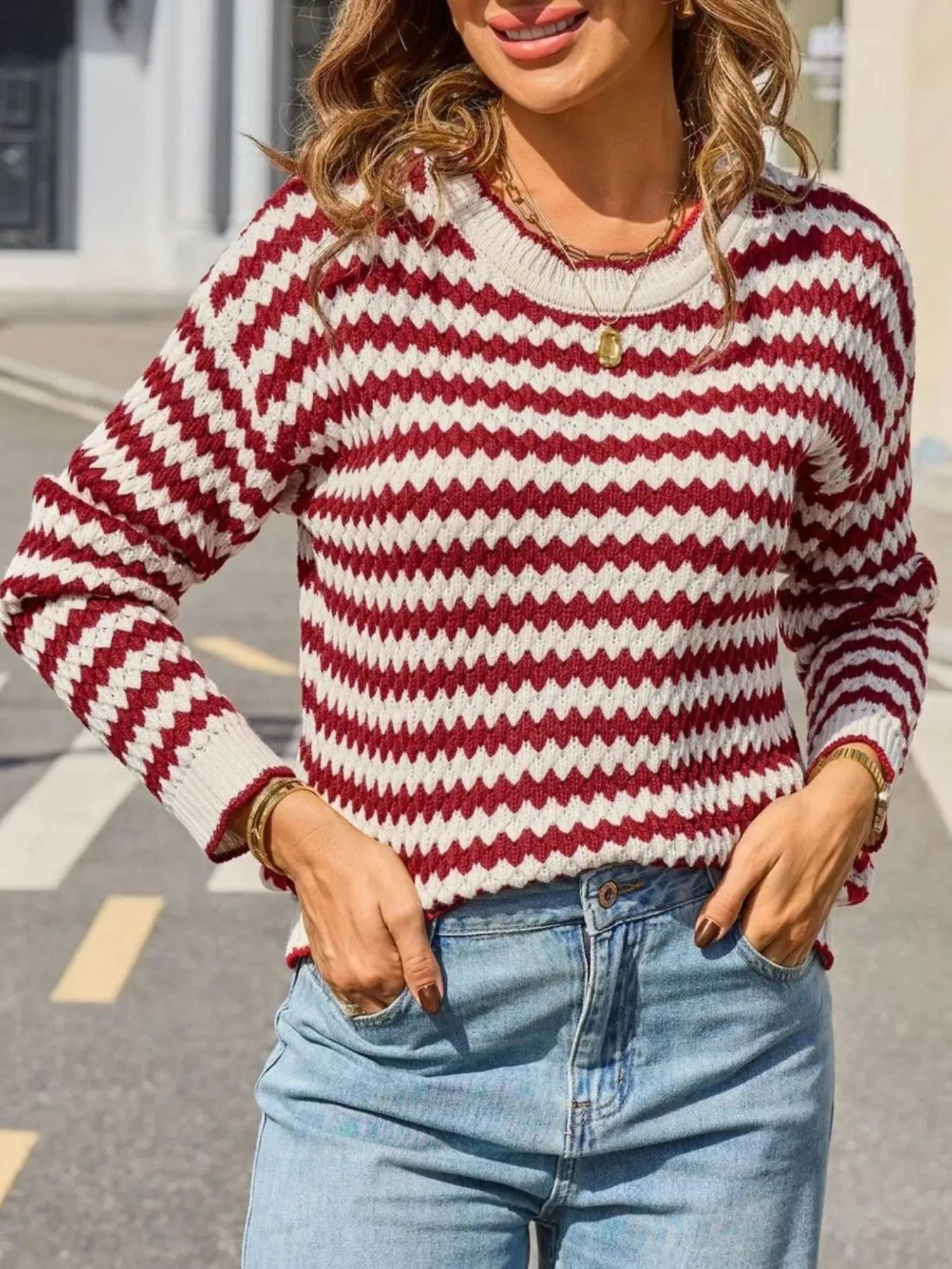 Striped Zigzag Knit Round Neck Sweater sold by Charming Charlie product image thumbnail 3