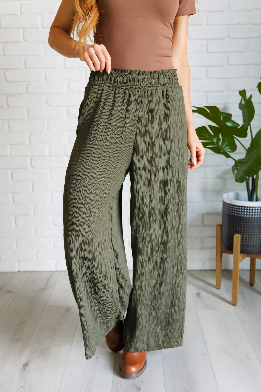 Harmony High Rise Wide Pants in Olive sold by Charming Charlie