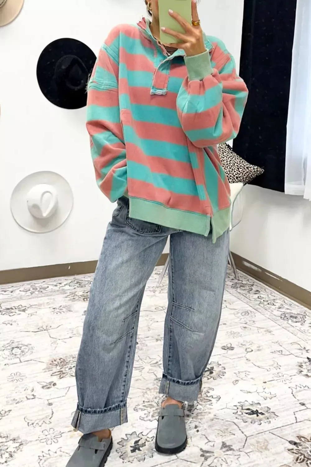 Stripe Colorblock Drop Shoulder Buttoned Collar Side Slit Top sold by Charming Charlie product image thumbnail 4