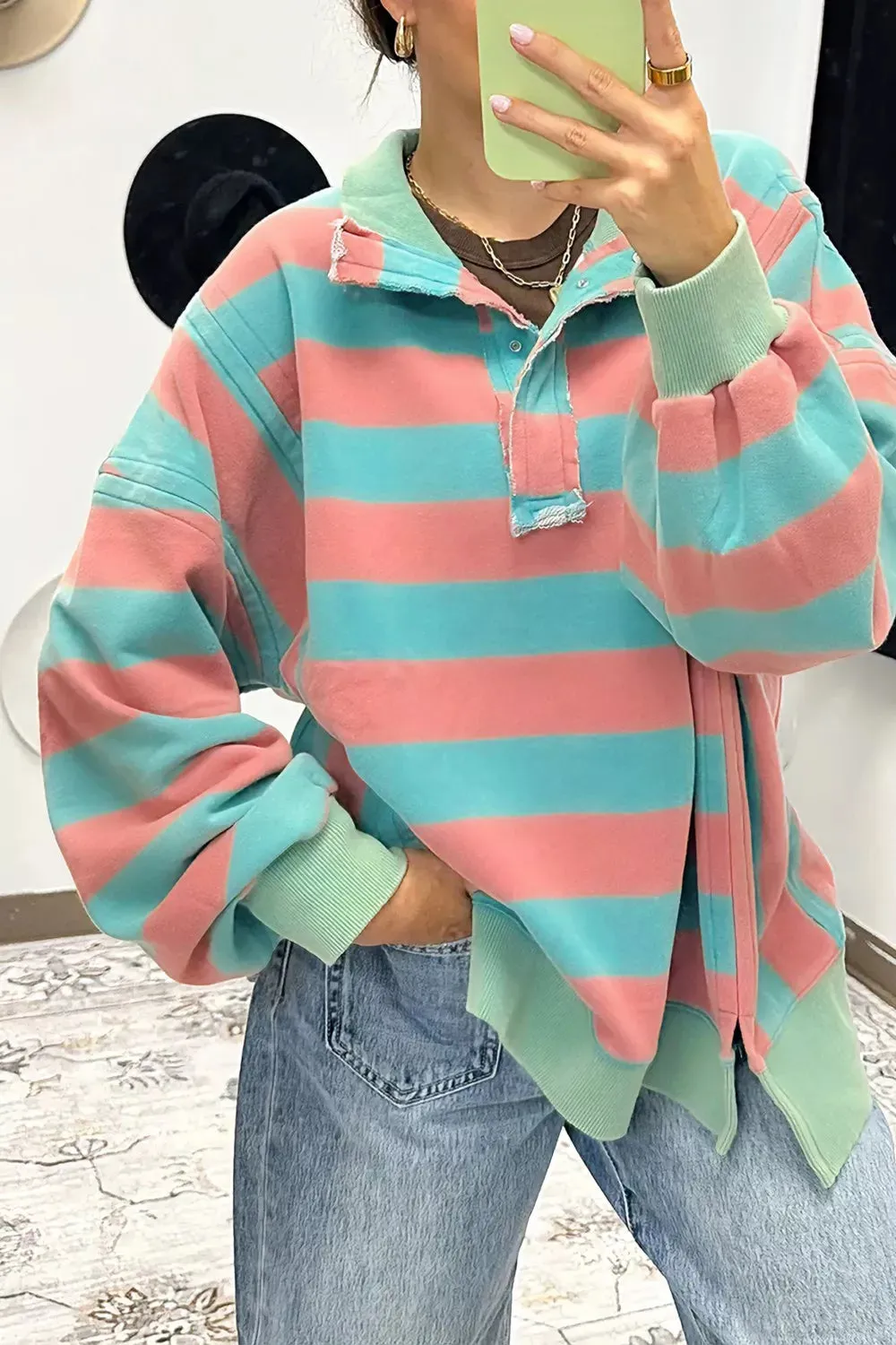 Stripe Colorblock Drop Shoulder Buttoned Collar Side Slit Top sold by Charming Charlie