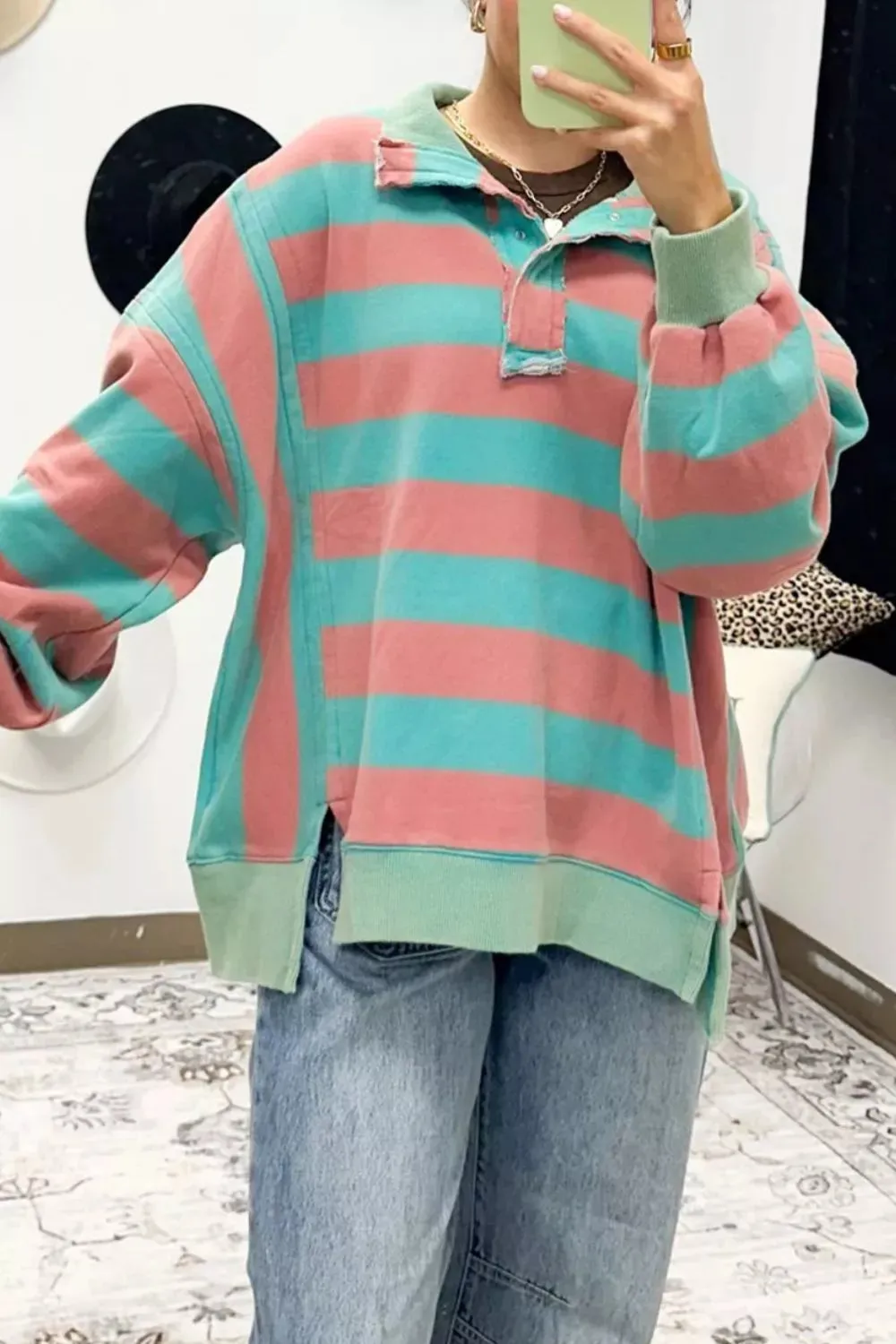 Stripe Colorblock Drop Shoulder Buttoned Collar Side Slit Top sold by Charming Charlie product image thumbnail 2