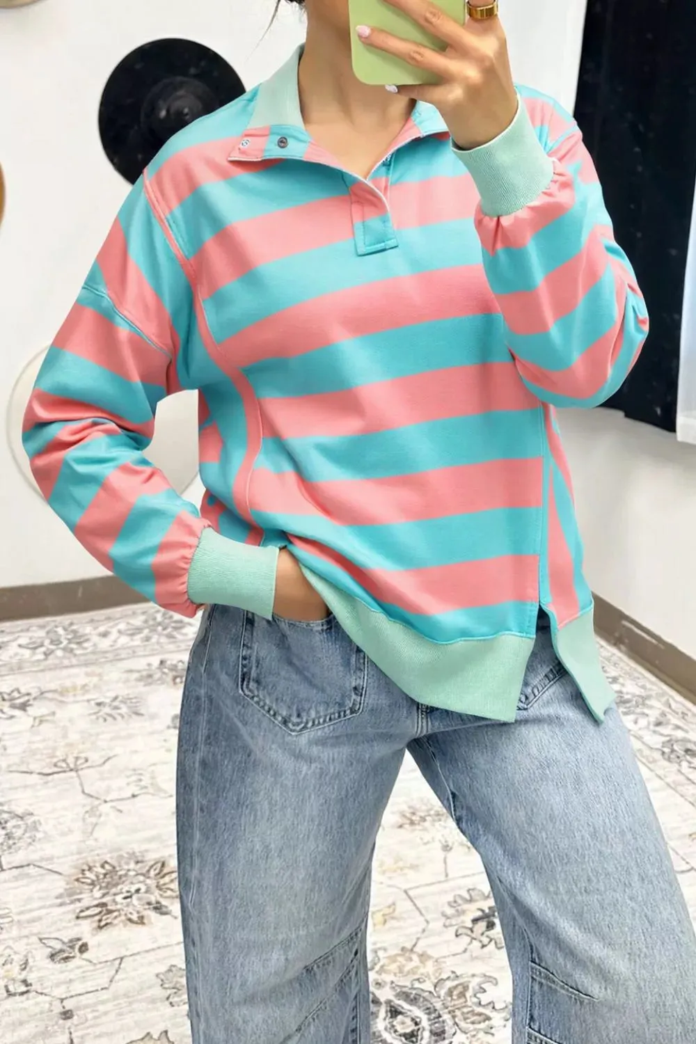 Stripe Colorblock Drop Shoulder Buttoned Collar Side Slit Top sold by Charming Charlie product image thumbnail 3