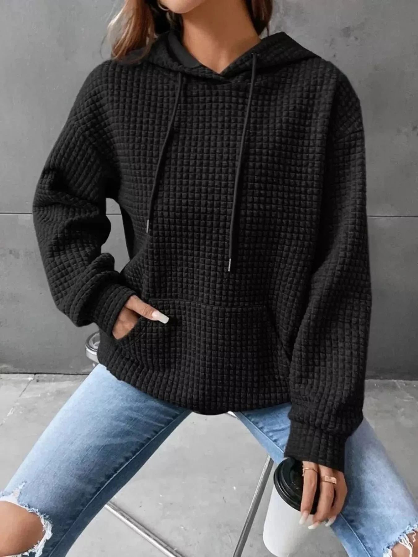 Full Size Textured Kangaroo Pocket Hoodie Plus Size sold by Charming Charlie product image thumbnail 4