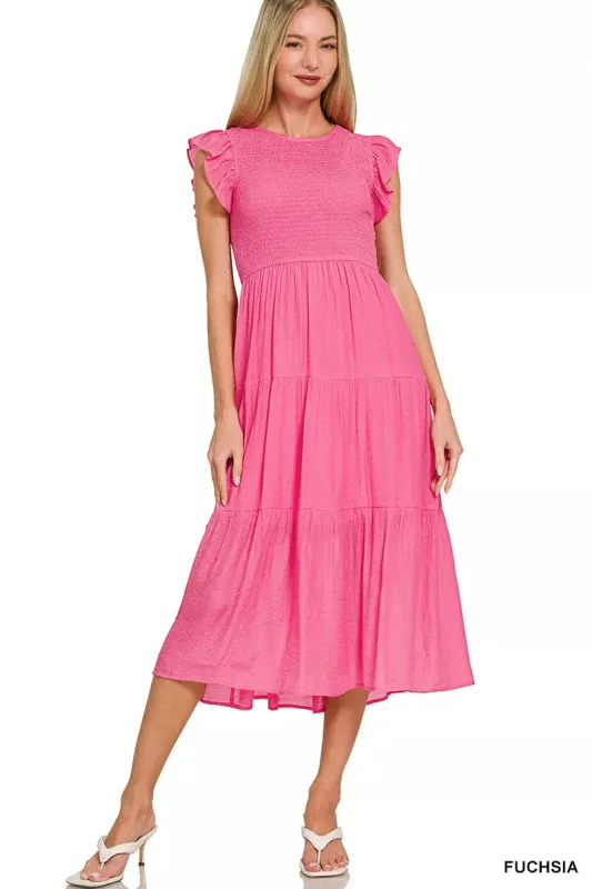Zenana Woven Smocked Ruffle Sleeve Midi Dress sold by Charming Charlie