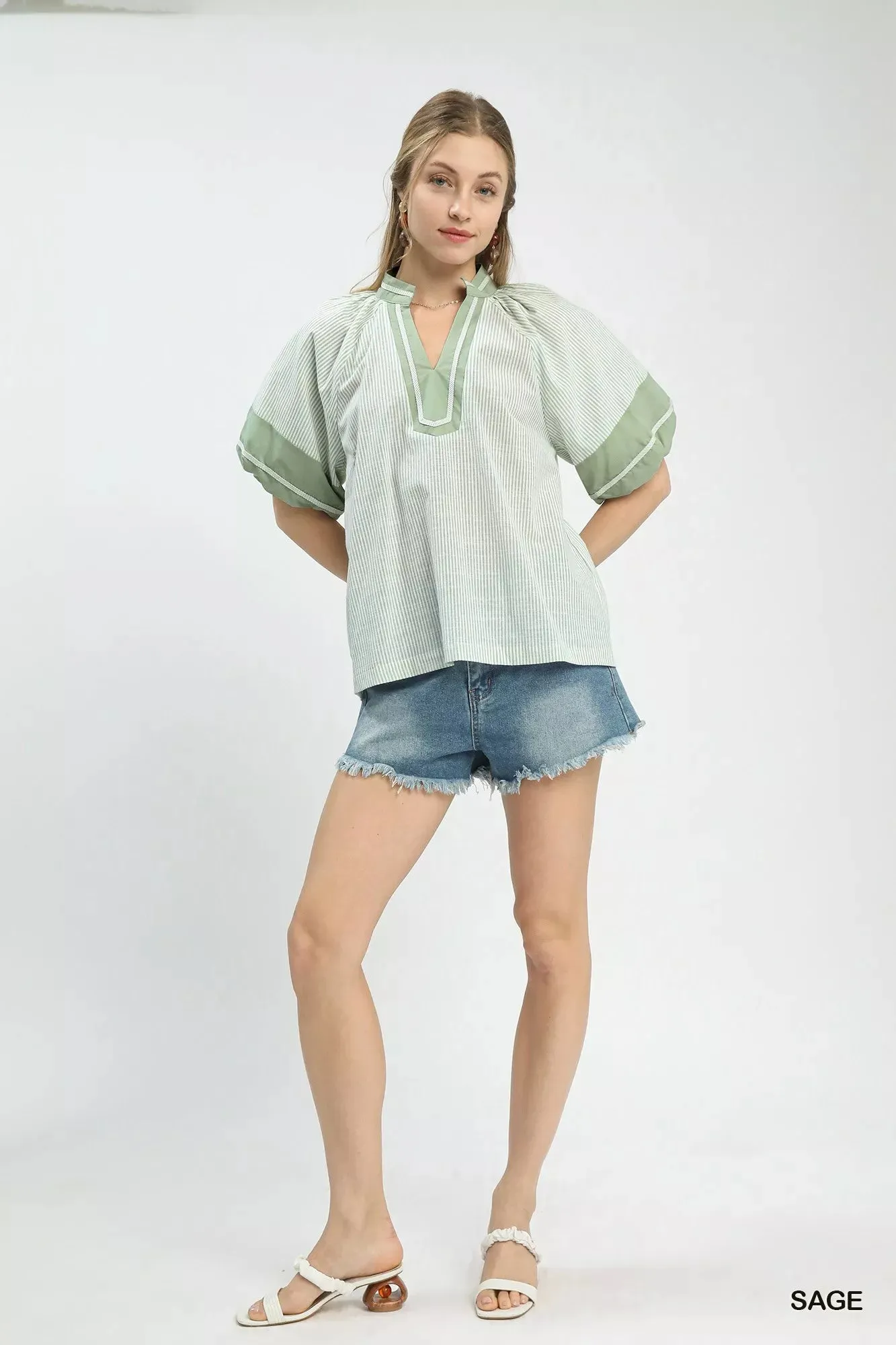 Umgee Striped Mixed Puff Sleeve Blouse sold by Charming Charlie product image thumbnail 5