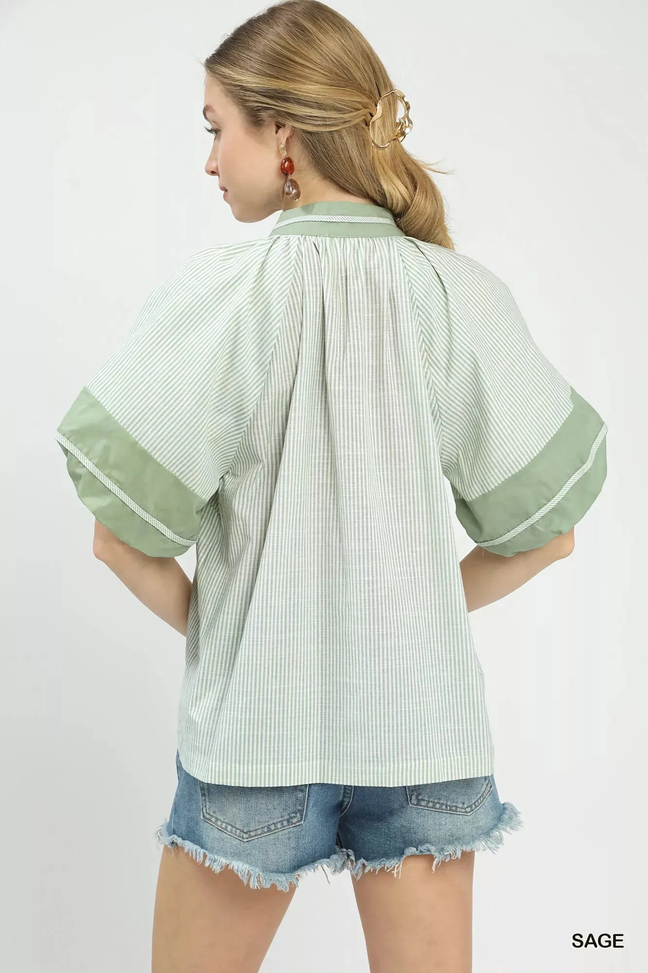 Umgee Striped Mixed Puff Sleeve Blouse sold by Charming Charlie product image thumbnail 3