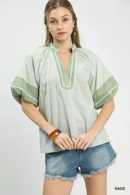 Umgee Striped Mixed Puff Sleeve Blouse sold by Charming Charlie