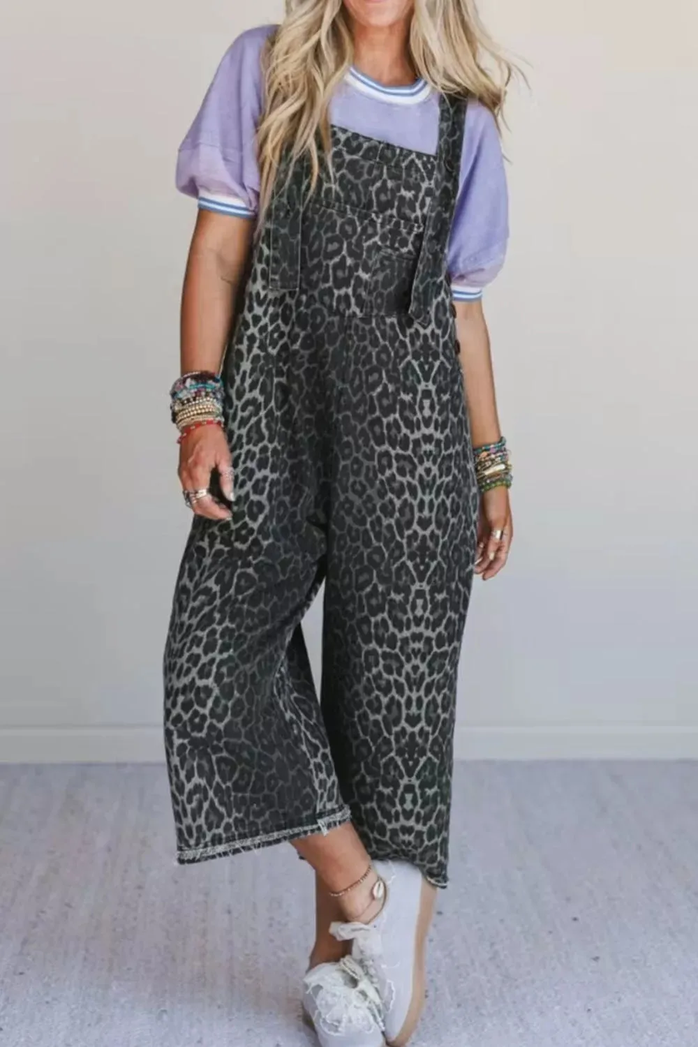 Leopard Print Button Adjustable Straps Cropped Loose Denim Overalls sold by Charming Charlie product image thumbnail 2