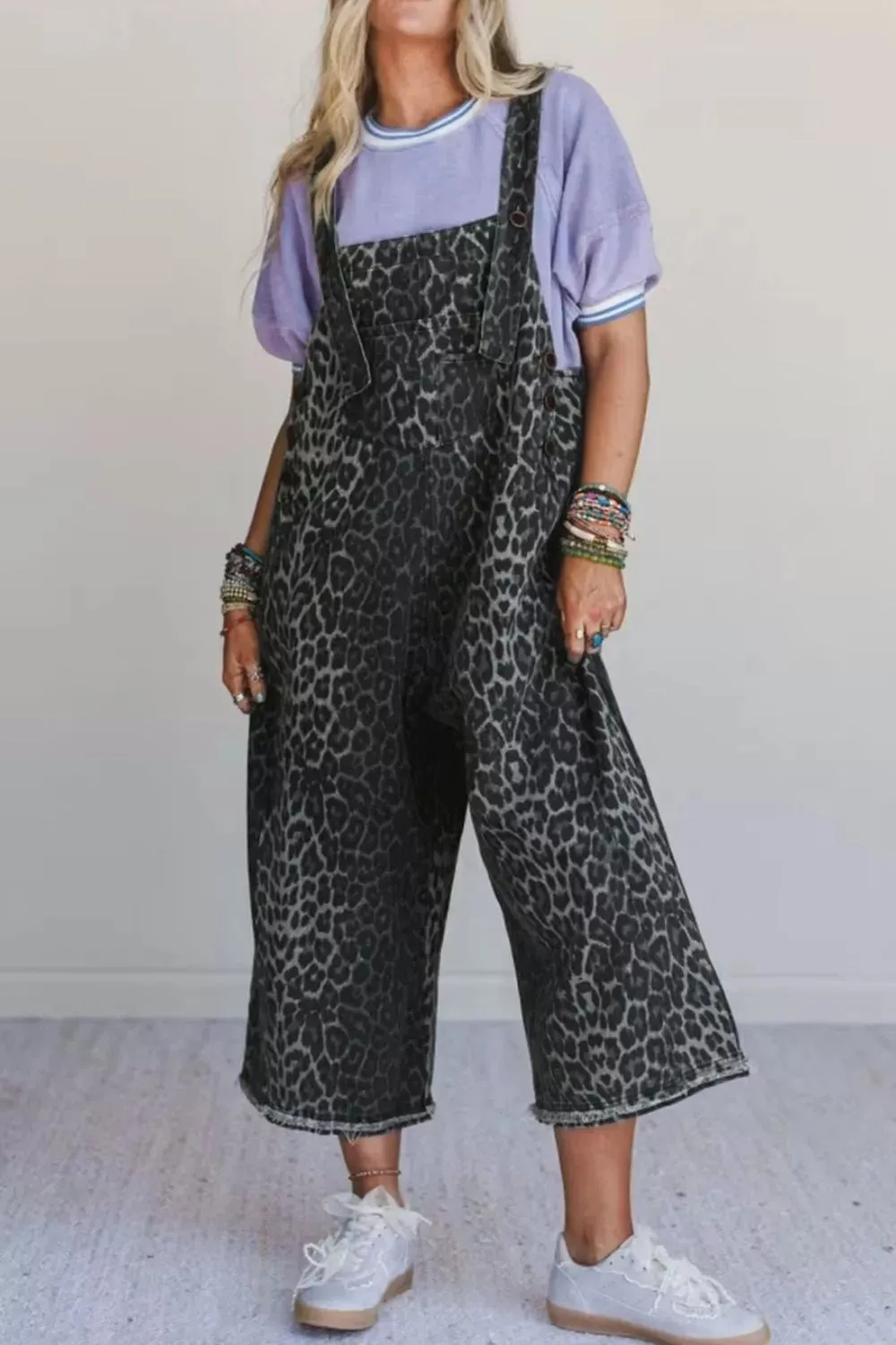 Leopard Print Button Adjustable Straps Cropped Loose Denim Overalls sold by Charming Charlie product image thumbnail 3