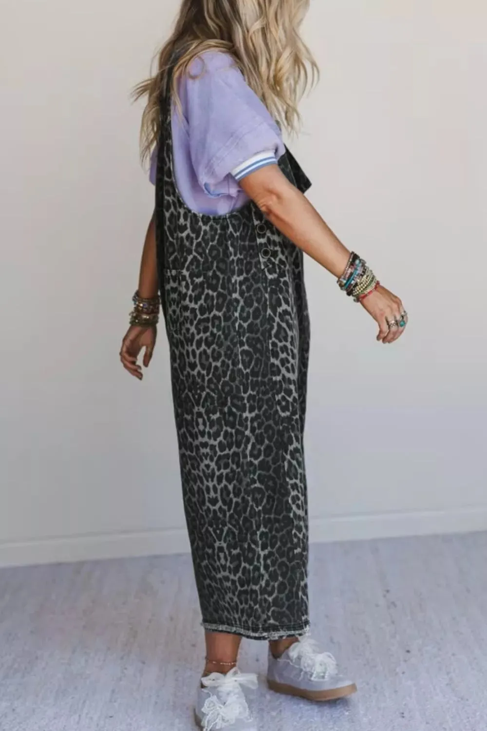 Leopard Print Button Adjustable Straps Cropped Loose Denim Overalls sold by Charming Charlie product image thumbnail 4