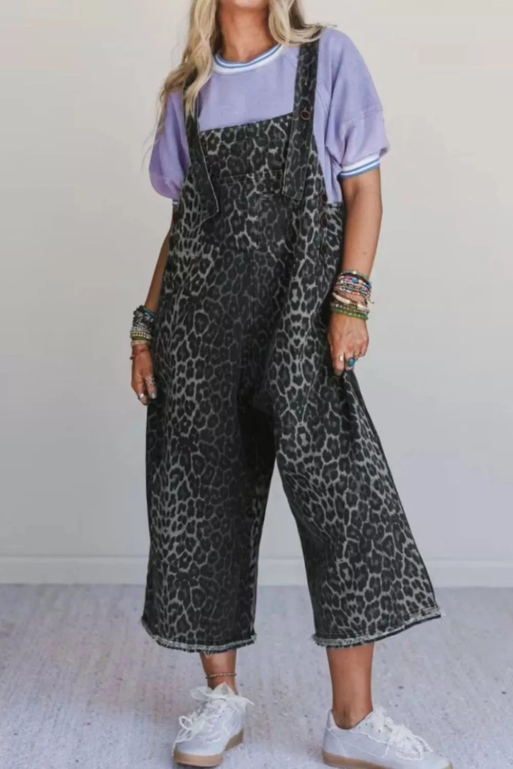 Leopard Print Button Adjustable Straps Cropped Loose Denim Overalls sold by Charming Charlie
